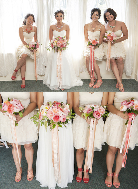 Bride and bridesmaids in white dresses with peach bouquets