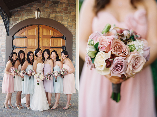 pastel bridesmaid dresses and pink bouquets