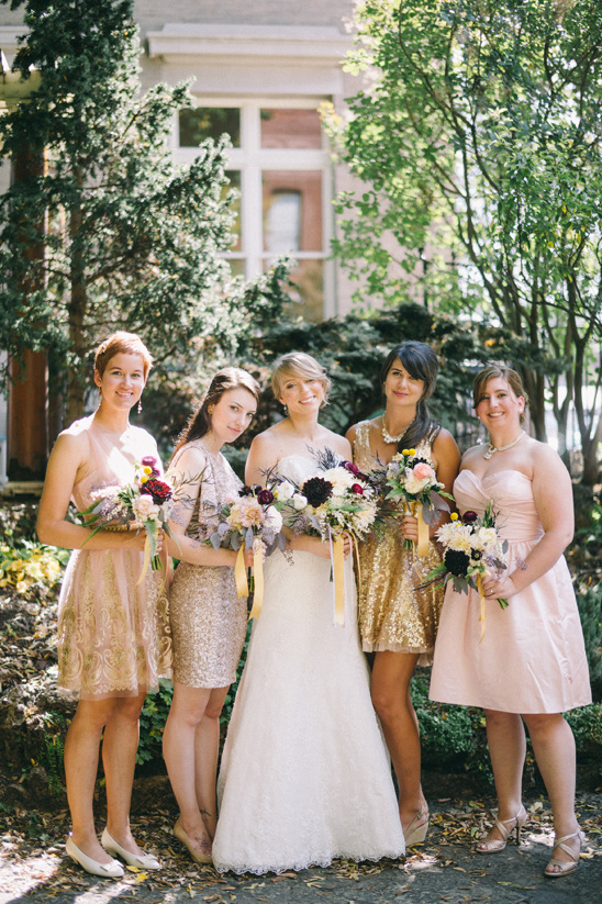 lovely bridal party in pink and gold