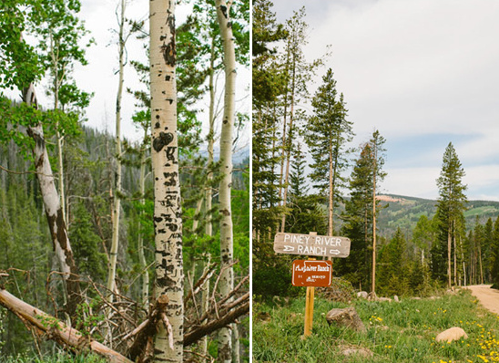 Piney River Ranch road sign among aspen and pine trees