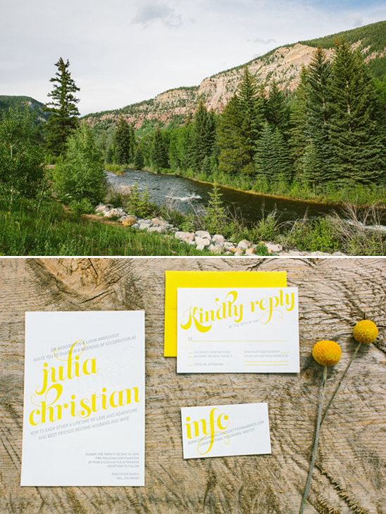 Mountain wedding stationery suite with yellow details