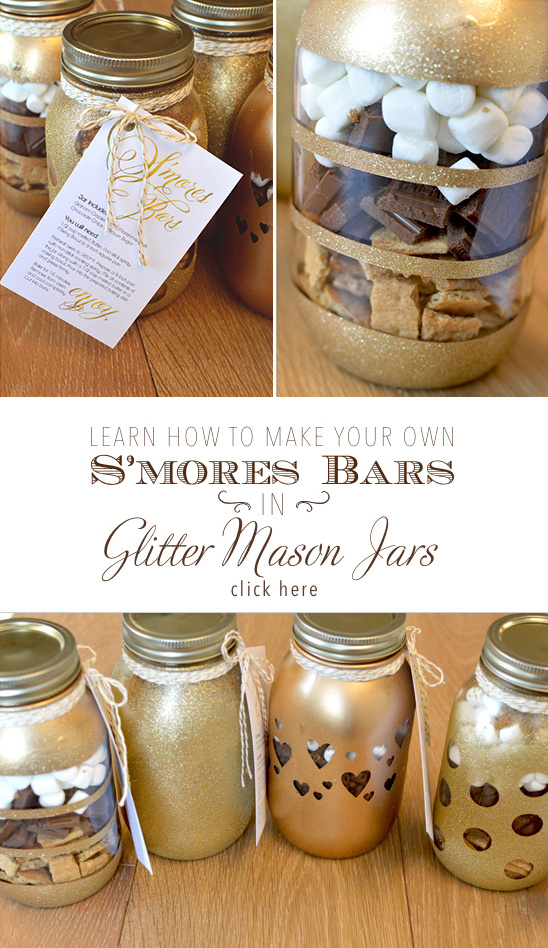 Glitter Mason Jars with Smores ingredients and a how to guide