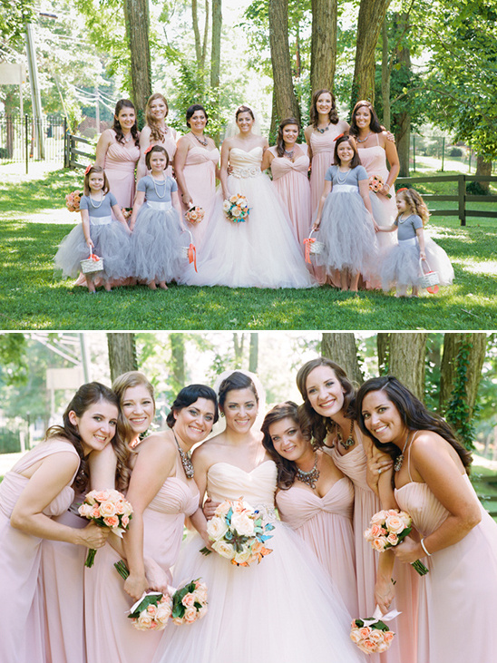 pink bridesmaids and gray flower girls