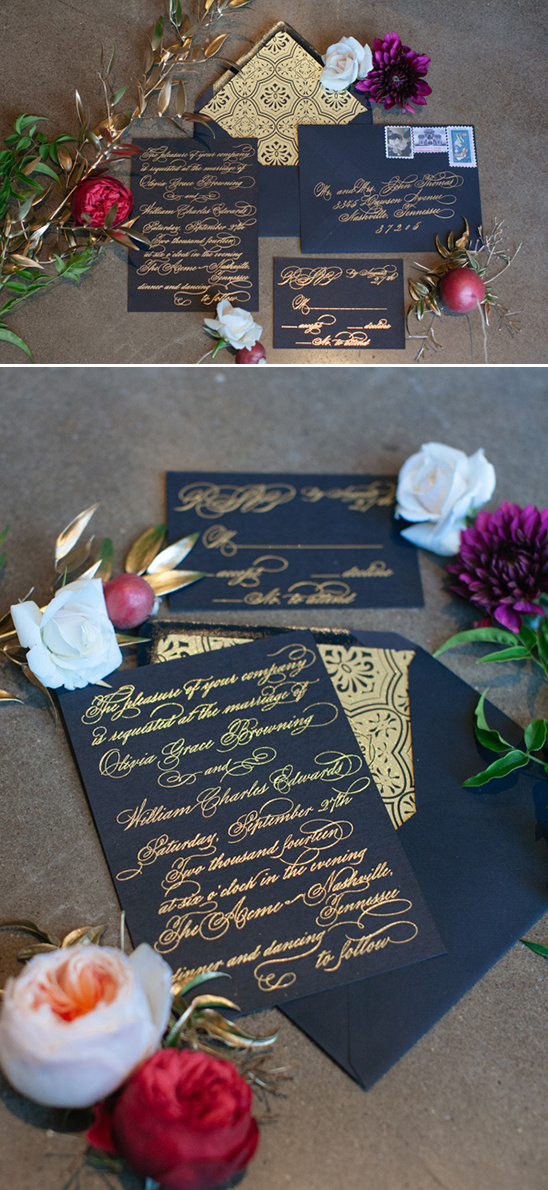 black wedding invites with gold script