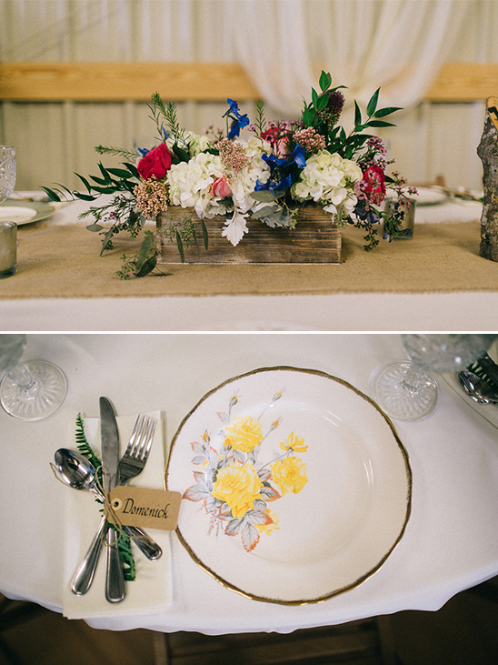 flower box centerpiece and vintage china
