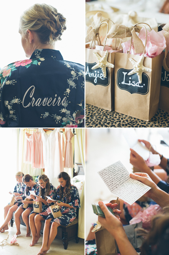 Bridesmaids with gifts and handwritten notes before wedding ceremony