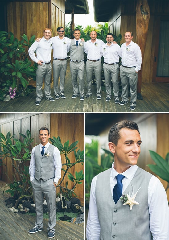 light grey and blue groomsmen with starfish boutonnieres