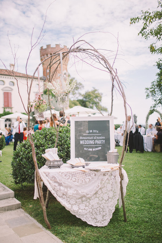 Outdoor wedding party reception table and welcome sign