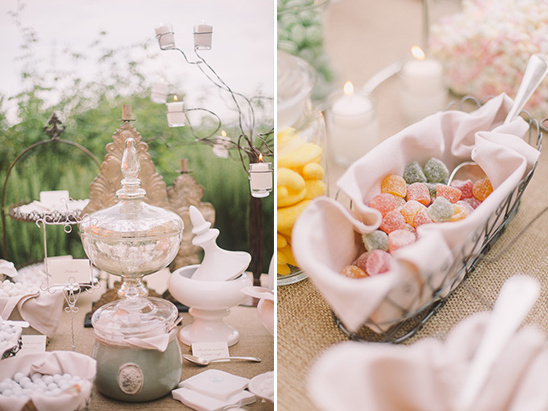 Candy buffet with vintage jars and colorful gumdrops