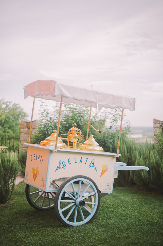 Vintage gelati cart with blue wheels on green grass