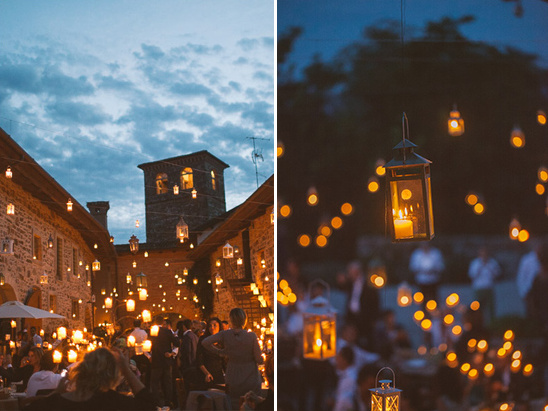 Lanterns illuminate an outdoor evening wedding reception