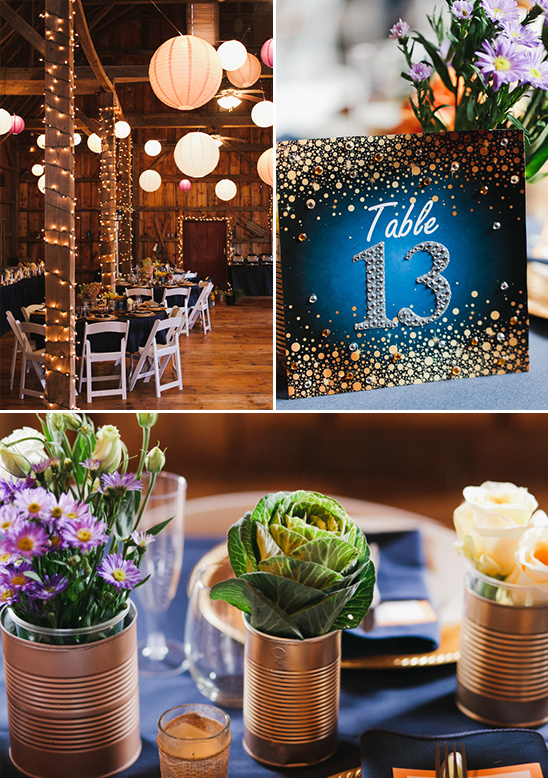 glitzy table numbers and lantern lit barn reception