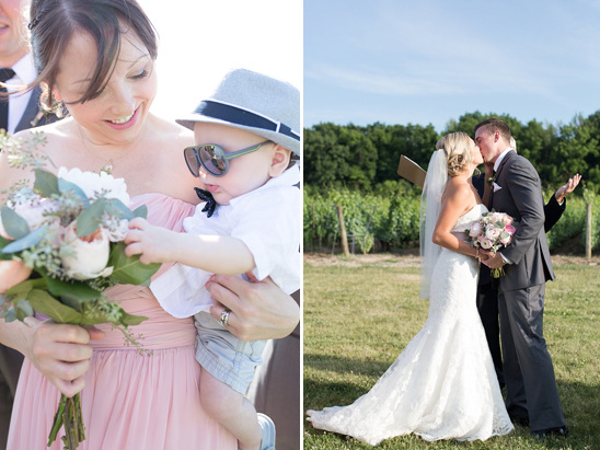 Wedding day with a stylish baby and a romantic kiss