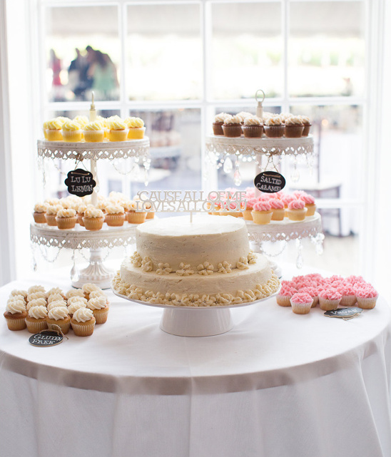 Wedding cake and cupcakes table with elegant decorations