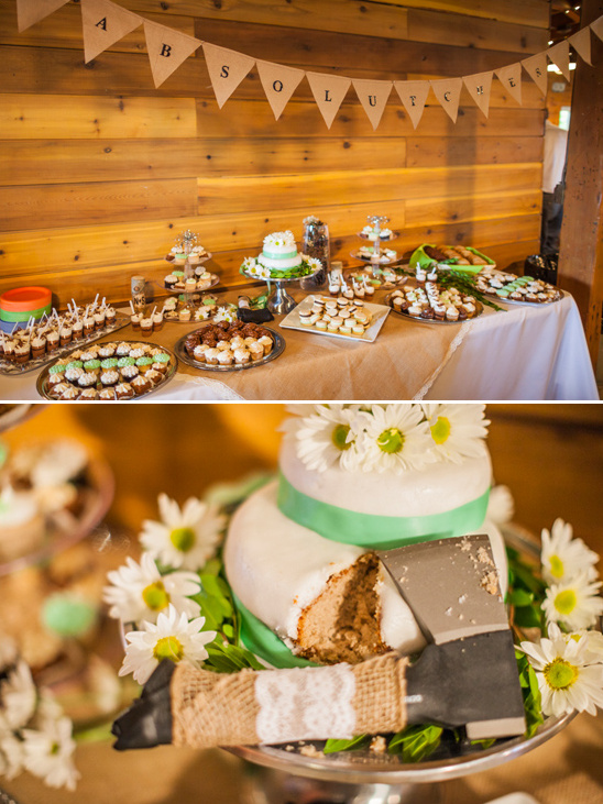 rustic dessert table and cake cutting hachet