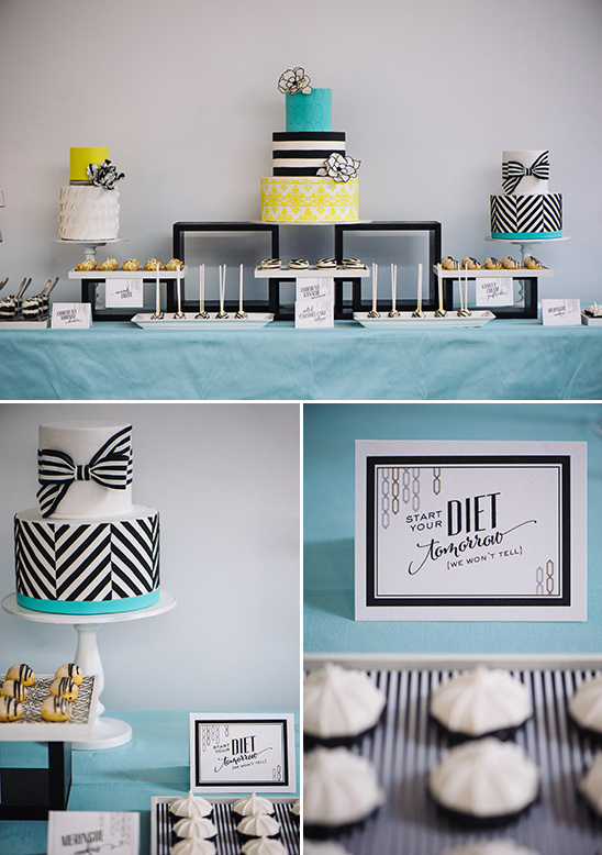 blue yellow white and black dessert table