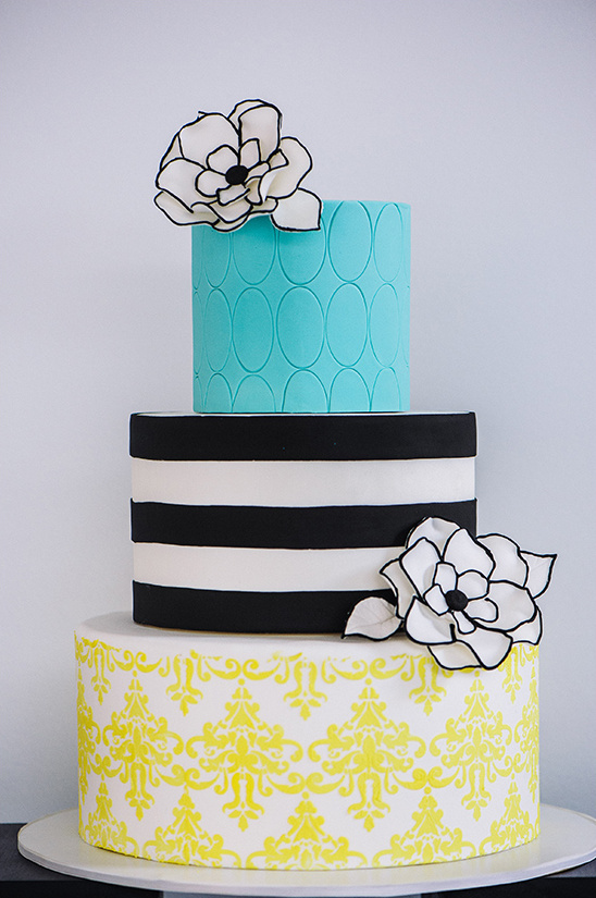 bright yellow and blue cake with black and white accents
