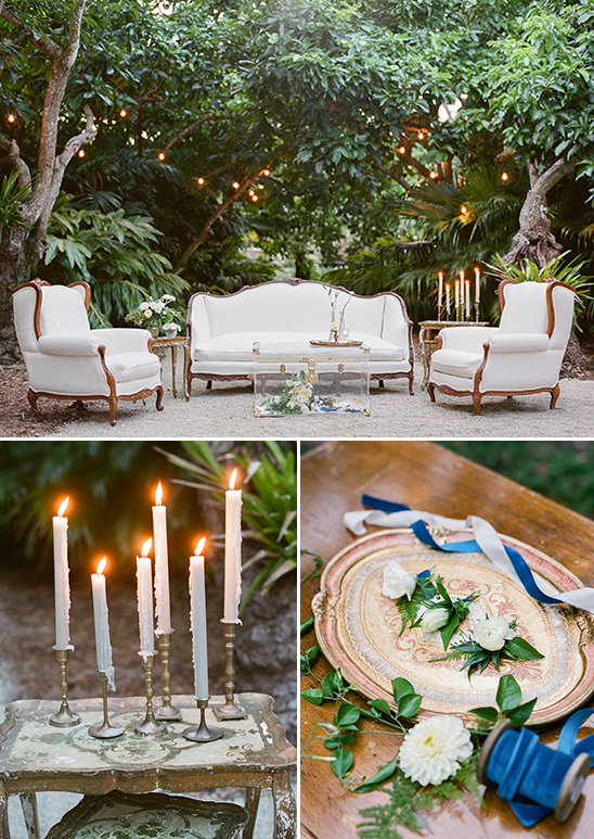 Elegant outdoor wedding decor with white furniture and candles