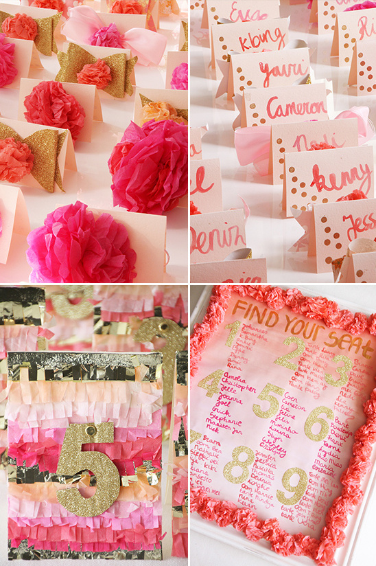 paper flower escort cards and paper fringe table numbers