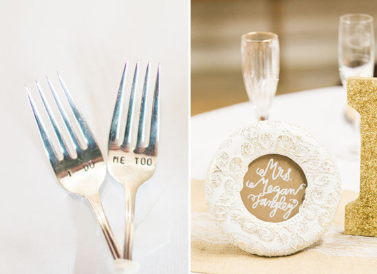 framed seat signs and wedding forks