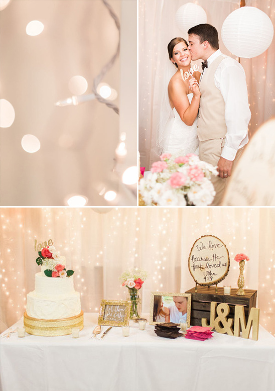 cake table with twinkle light backdrop