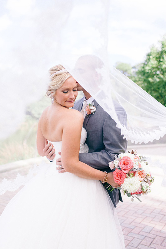 Romantic wedding photo of bride and groom under a veil, holding flowers