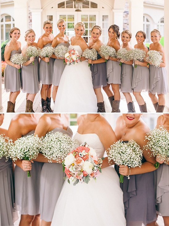 Wedding party with bride and bridesmaids in gray dresses