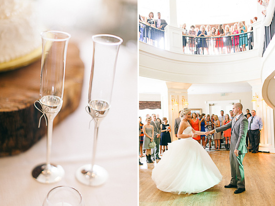 Champagne flutes and wedding reception first dance candid shot