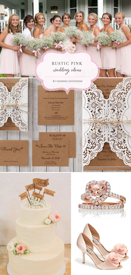Rustic pink wedding ideas featuring bridesmaids, cake and ring