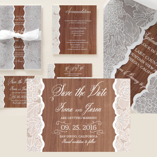 Wedding invitation suite with wood grain and lace details