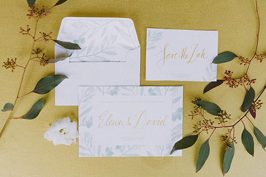 green and gold wedding stationery