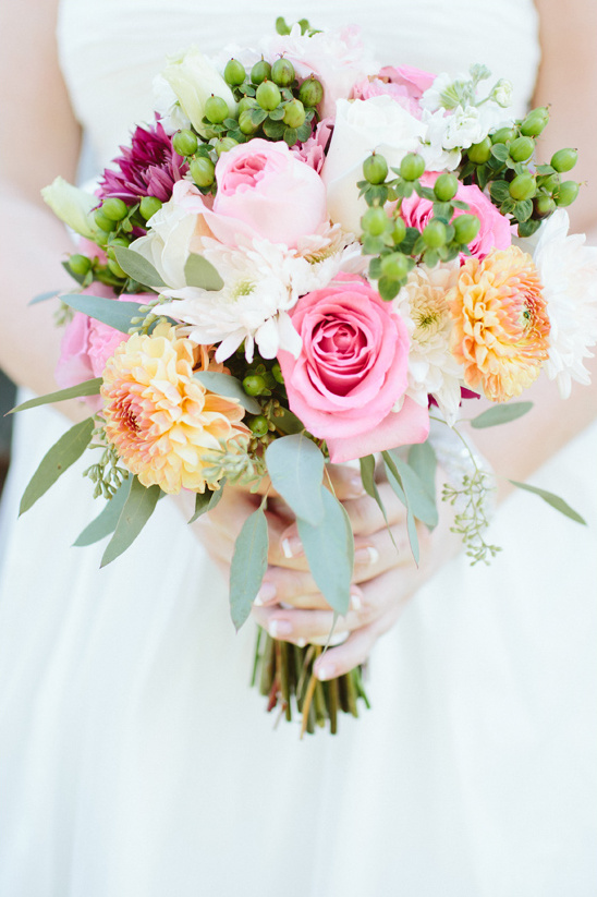 pink and yellow bouquet by Mary Ann Mingo @weddingchicks