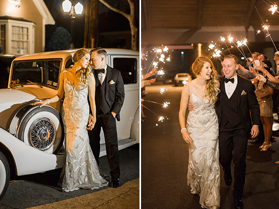 vintage wedding car and sparkler exit @weddingchicks