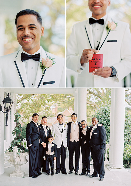 Groom and groomsmen smiling, celebrating on a sunny wedding day