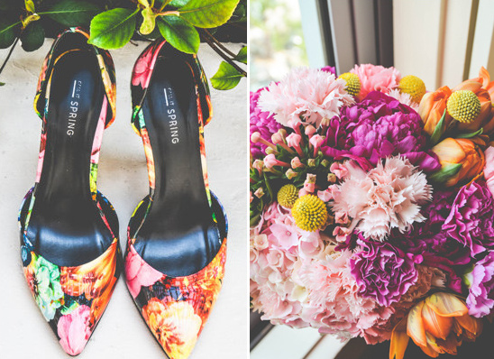 funky wedding shoes and bright bouquet @weddingchicks