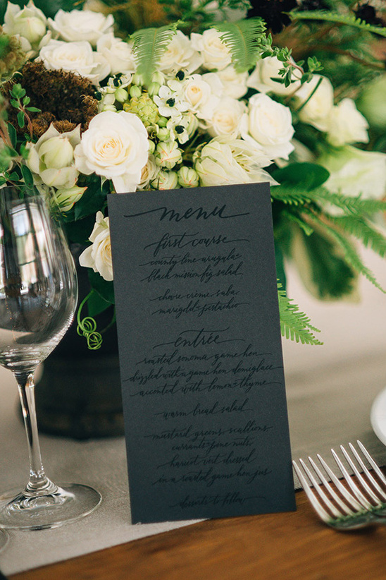 black on black spot varnish wedding menu @weddingchicks