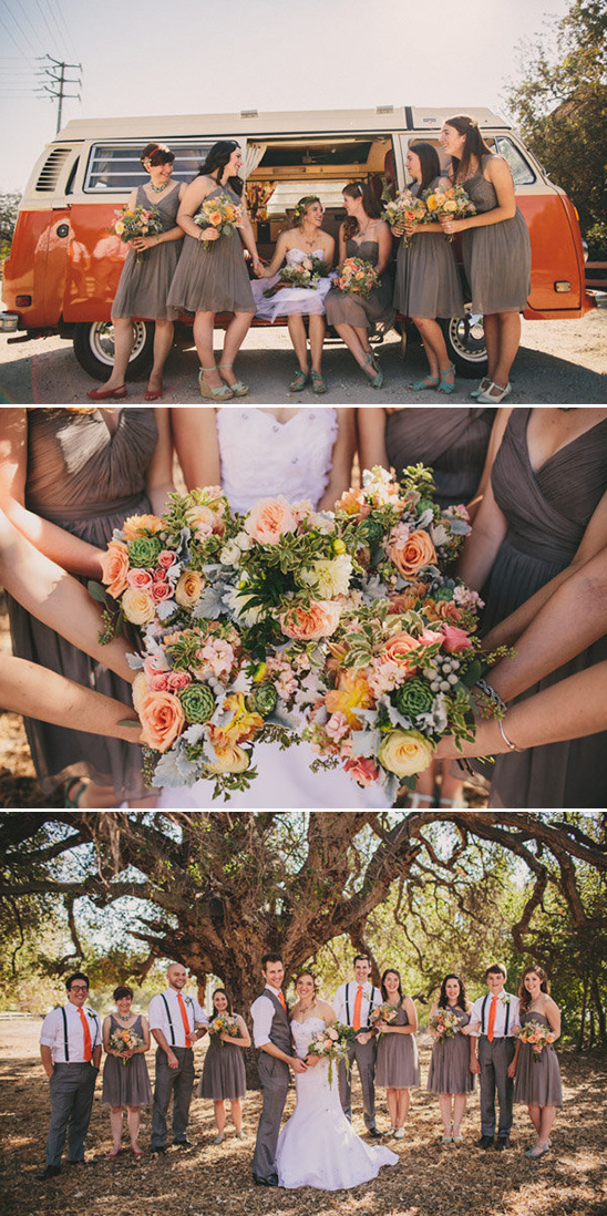 grey and coral wedding party