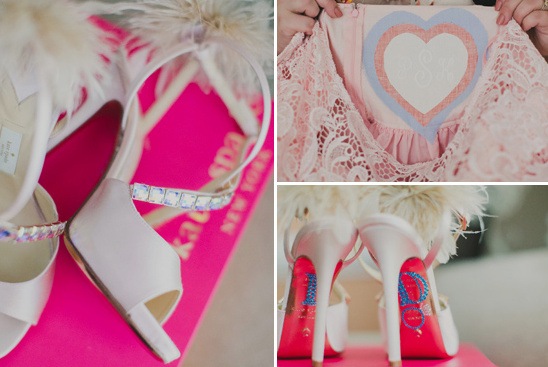 feather accented wedding shoes and monogrammed wedding dress patch @weddingchicks