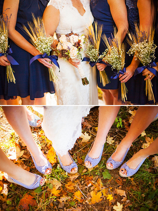wheat bridesmaid bouquets and matching shoes