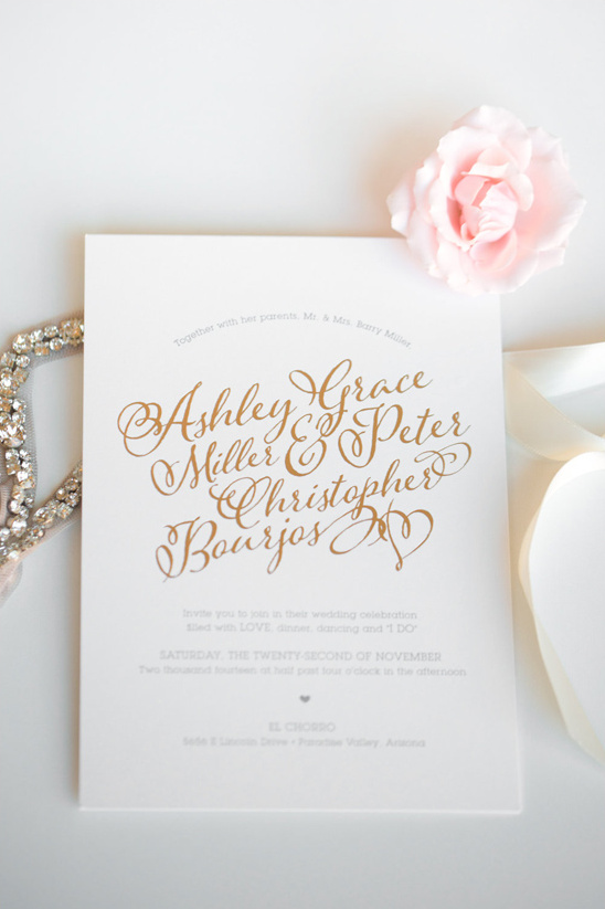 gold calligraphy wedding invites by Idieh Design @weddingchicks