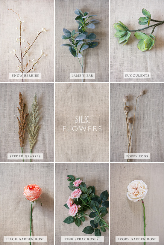 Assortment of beautiful silk flowers and greenery arranged on neutral linen