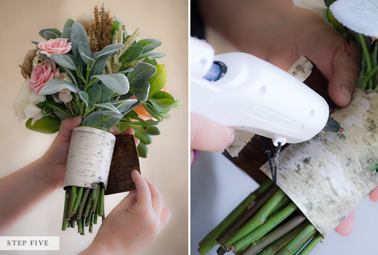 Wrapping a bouquet with birch bark and glue gun close up