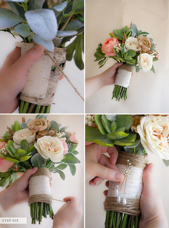 Bridal bouquet wrapped with birch bark and jute twine for an elegant look