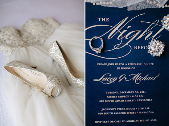 Wedding shoes and rehearsal dinner invitation for Lacey & Michael