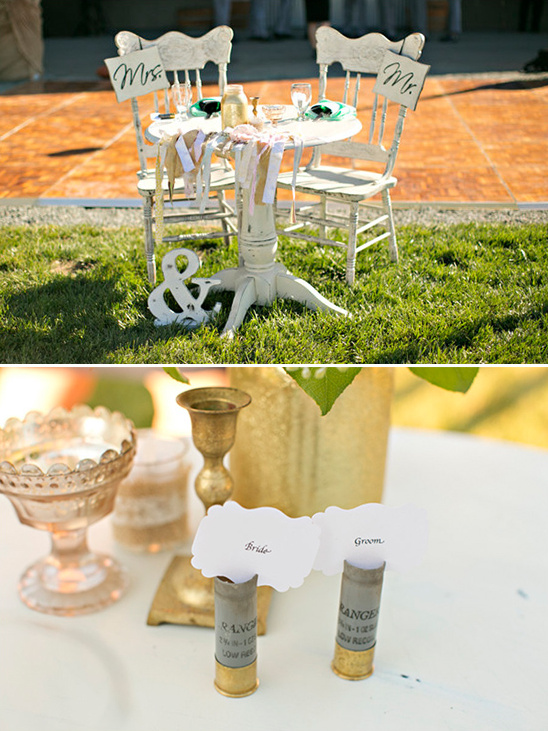 sweetheart table with bullet casing place cards @weddingchicks