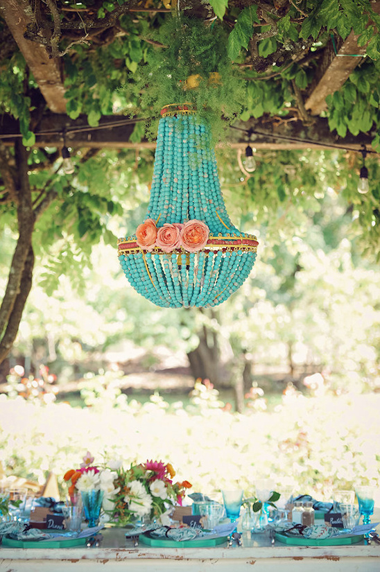 turquoise chandelier at garden wedding @weddingchicks