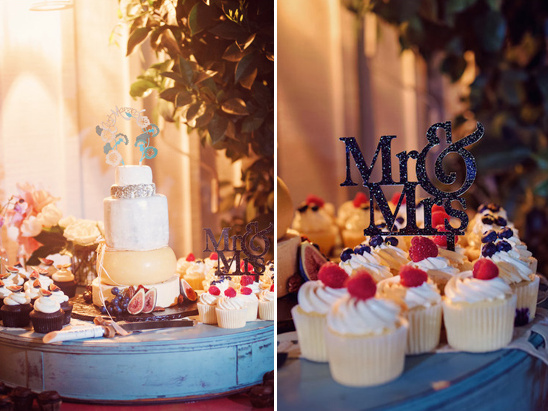 wedding dessert table with cupcakes and cheese tower cake @weddingchicks