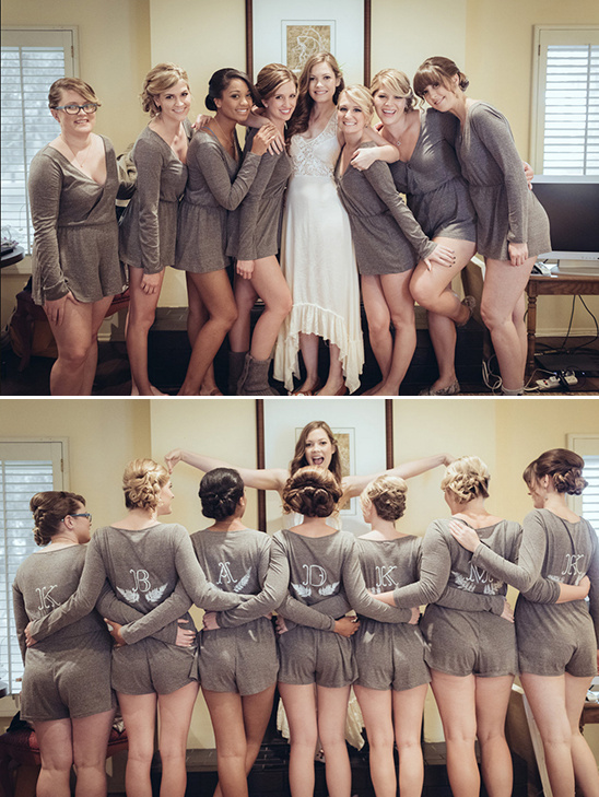 Bridesmaids in matching outfits with the bride, ready for the wedding