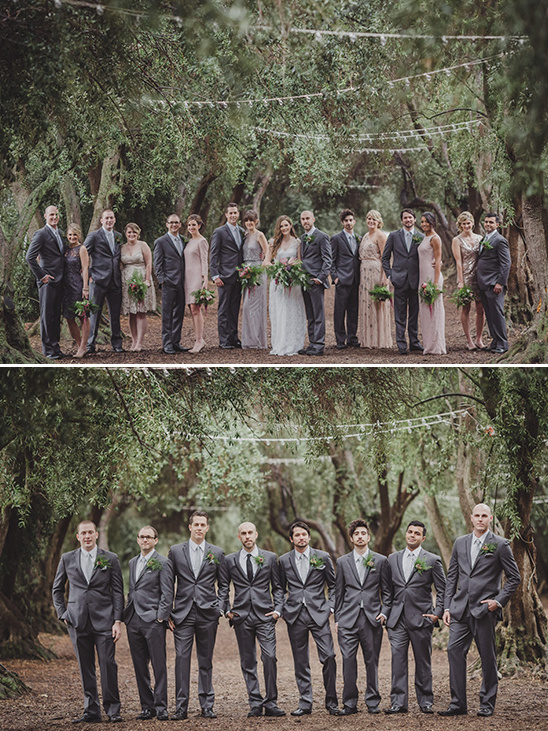 Wedding party posing under trees at outdoor celebration
