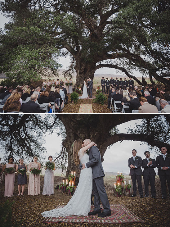 Wedding ceremony under a large tree, kiss scene after the vows